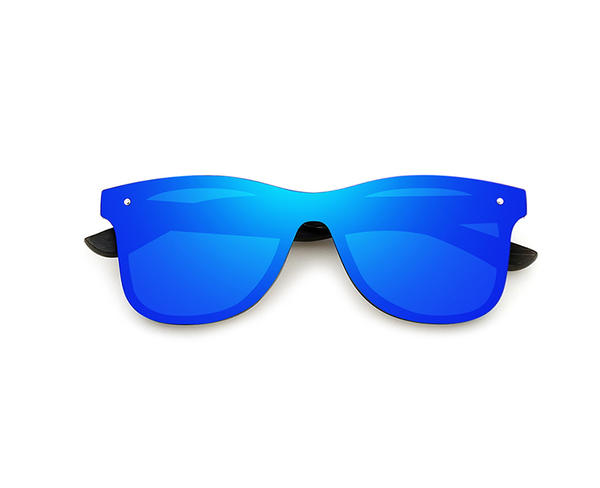Gafas de sol con patas de grano de madera de diseño clásico con lentes revo azul brillante