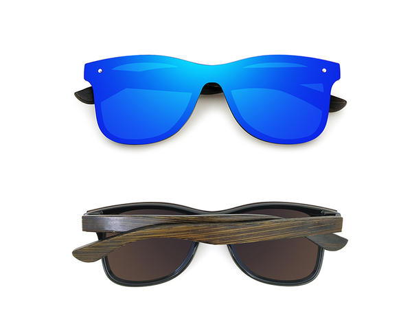 Gafas de sol con patas de grano de madera de diseño clásico con lentes revo azul brillante